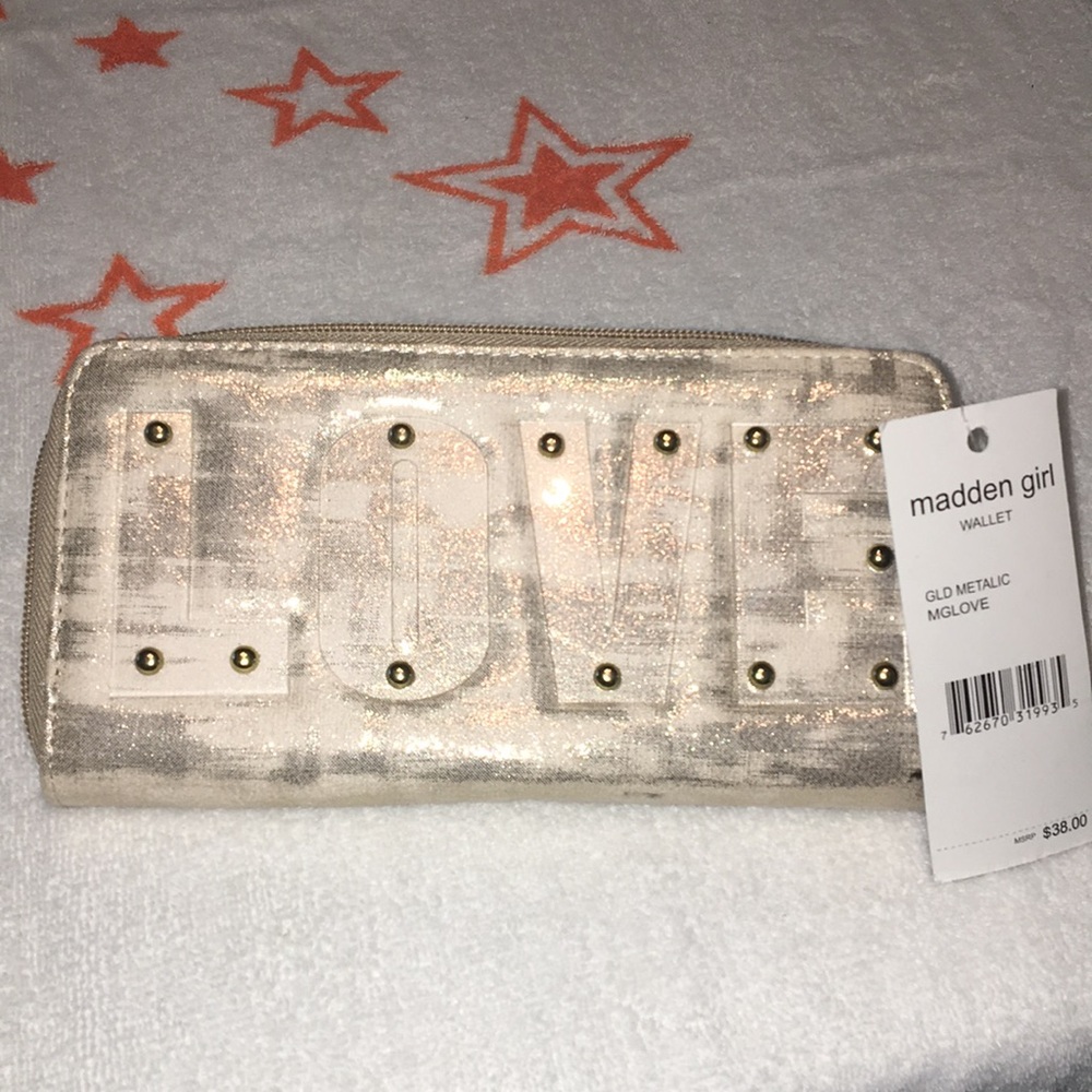 Madden Girl LOVE shiny gold wallet.